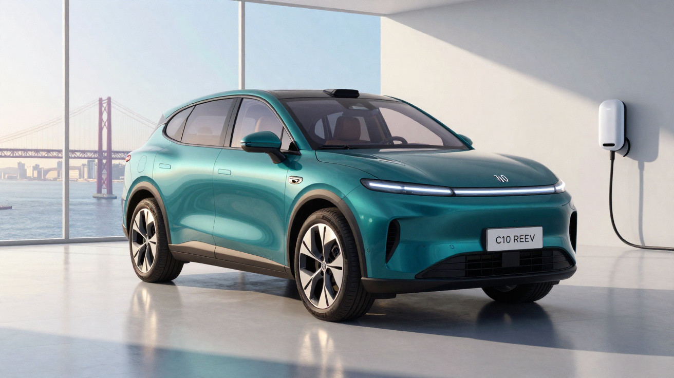 Carro elétrico verde metálico estacionado num ambiente interior moderno com posto de carregamento na parede.