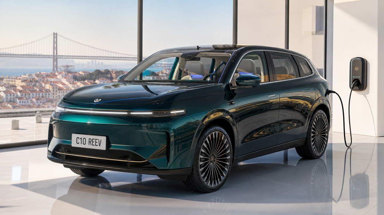 Carro elétrico verde escuro a ser carregado em posto de carregamento interior com vista para ponte e cidade.