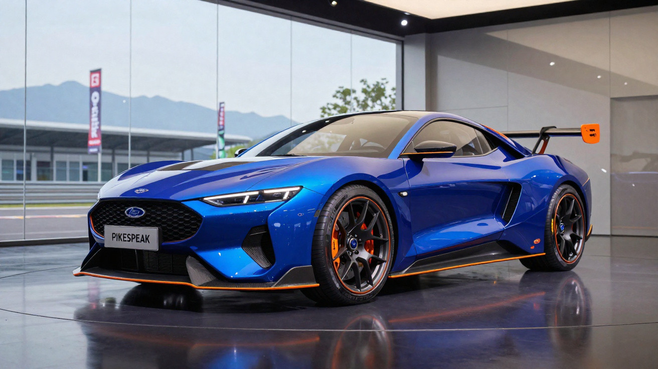 Carro desportivo azul metálico Ford Pikespeak com detalhes laranja, exposto em salão moderno.
