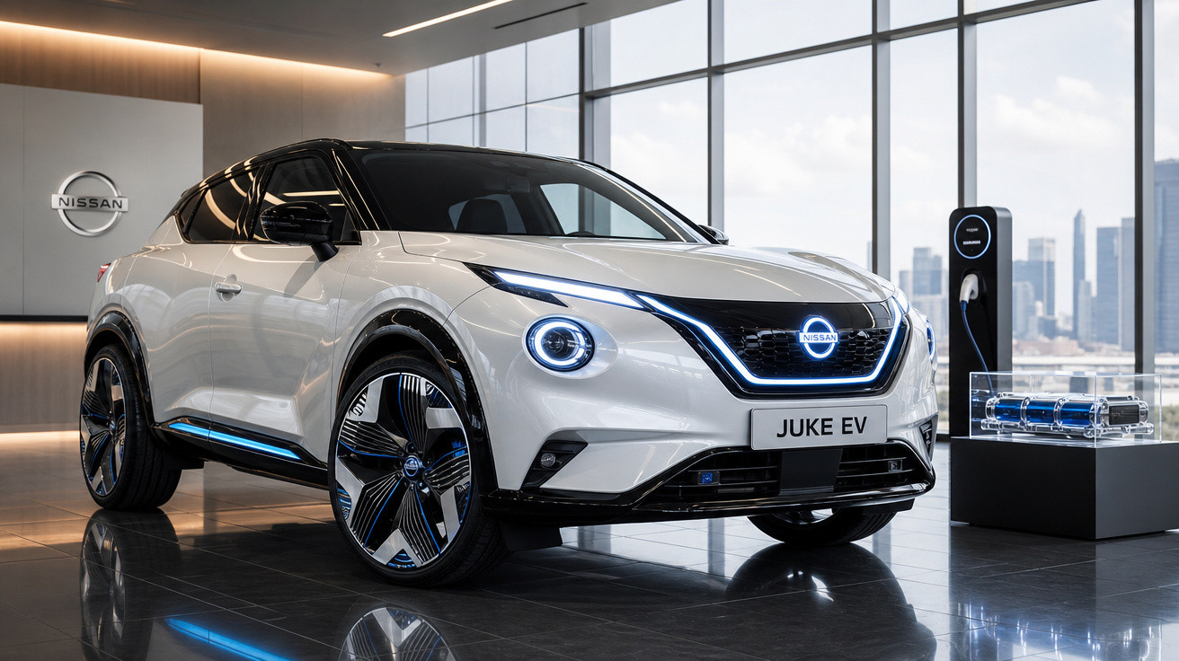 Nissan Juke EV branco elétrico exposto em showroom moderno com grandes janelas e vista urbana ao fundo.