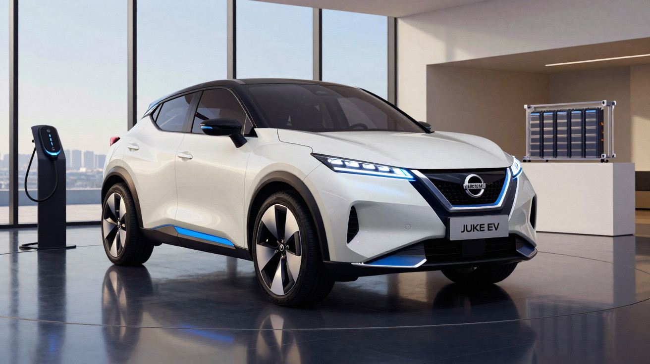 Carro elétrico Nissan Juke EV branco numa sala moderna com parede de vidro e posto de carregamento.