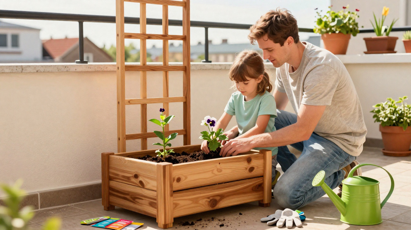 Pai e filha a plantar flores num vaso de madeira numa varanda ensolarada.