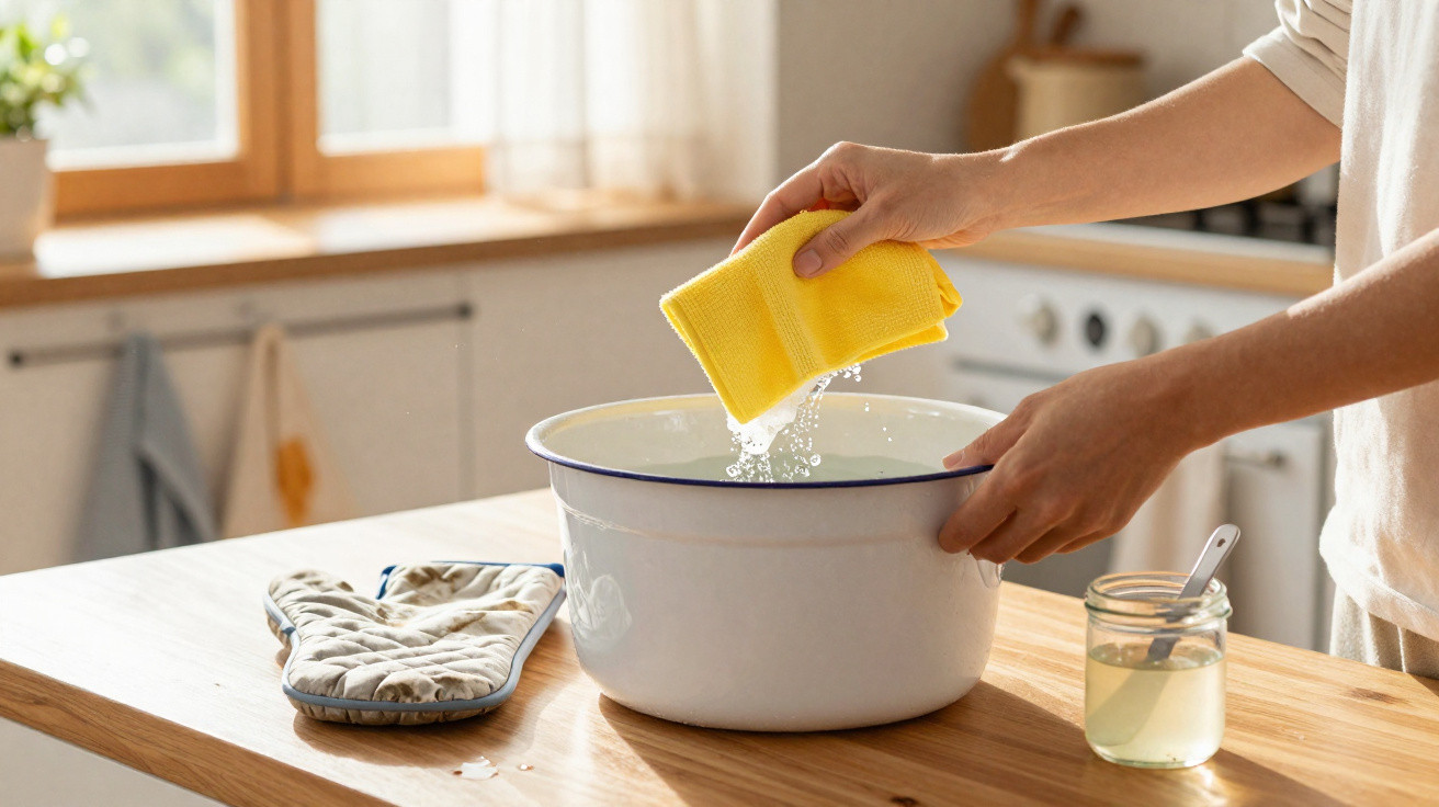 Pessoa a espremer um esfregão amarelo sobre uma tigela branca numa cozinha iluminada.