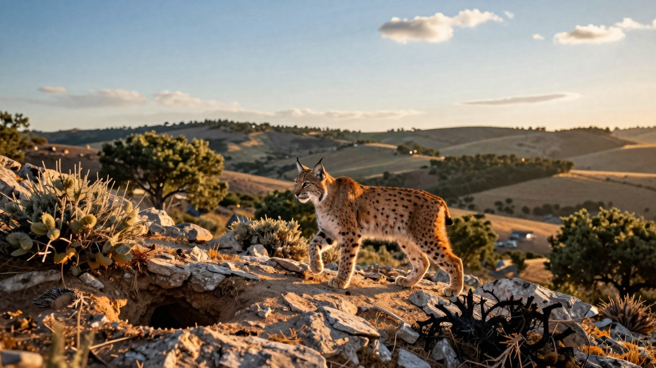 Lince ibérico caminhando entre pedras e vegetação num terreno árido ao pôr do sol.