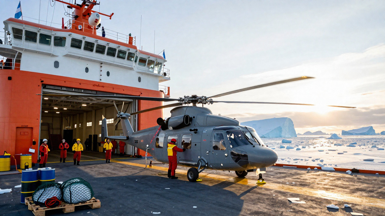 Helicóptero cinza estático num navio de expedição com gelo e icebergues ao longe.
