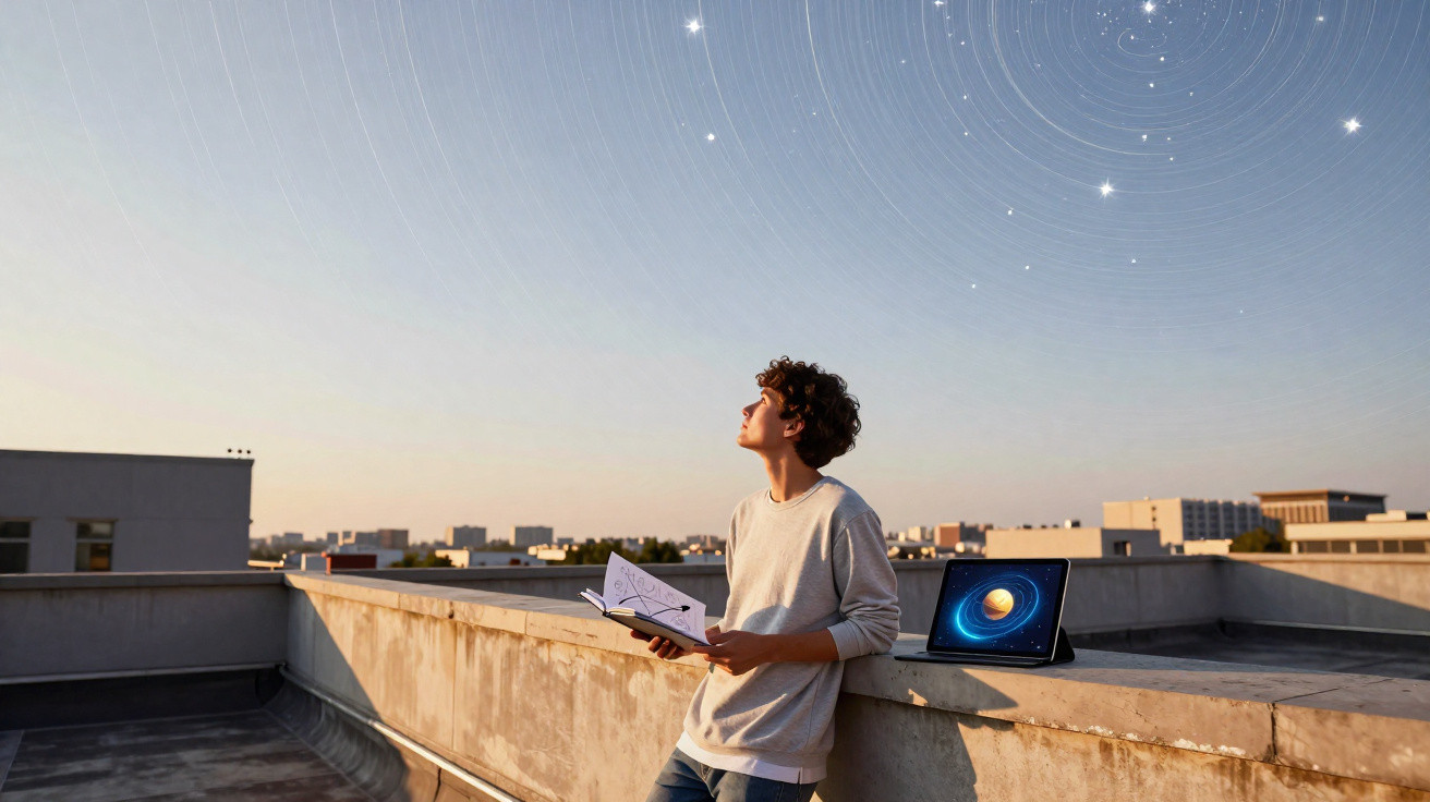 Jovem observa as estrelas no terraço ao entardecer com livro de astronomia e tablet aberto com planeta.