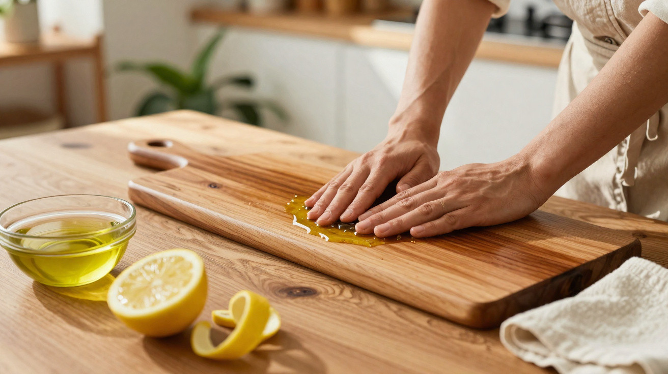 Mãos a espalhar óleo numa tábua de madeira com limão e azeite numa mesa de cozinha.