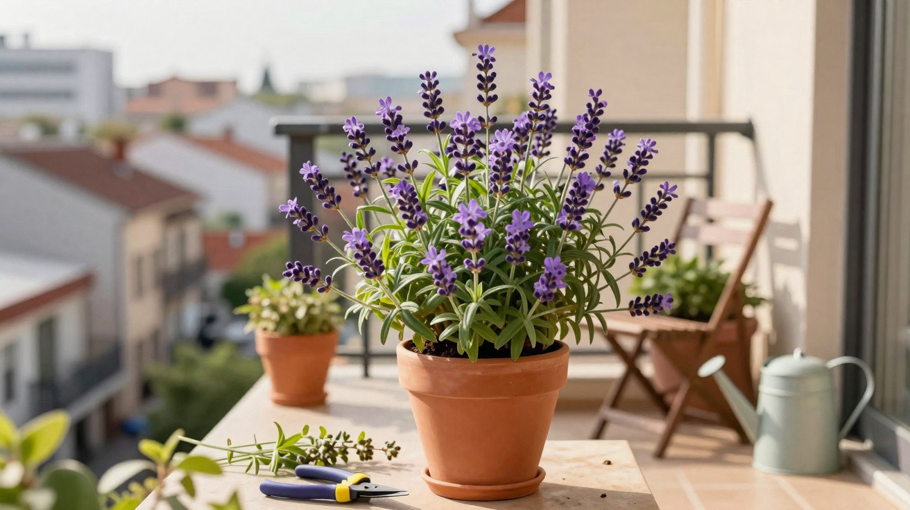 Vaso de barro com flores de lavanda sobre mesa numa varanda soalheira, com ferramentas de jardinagem ao lado.
