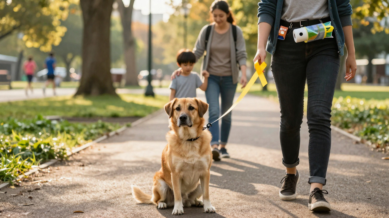 Cão castanho sentado na passadeira com pessoa a segurar trela e família a caminhar ao fundo no parque.