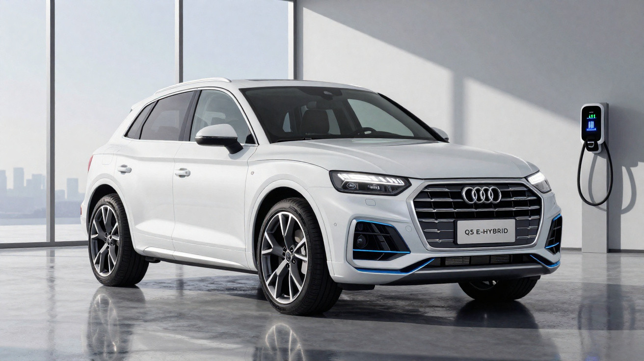 Carro Audi Q5 E-HYBRID branco estacionado junto a uma estação de carregamento num espaço interior moderno.