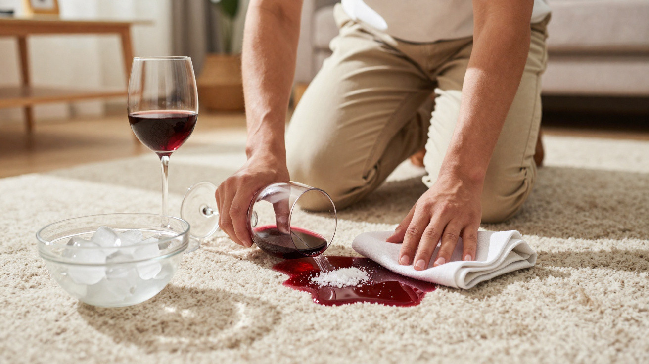 Pessoa a deitar sal sobre um derramamento de vinho tinto num tapete para limpar.