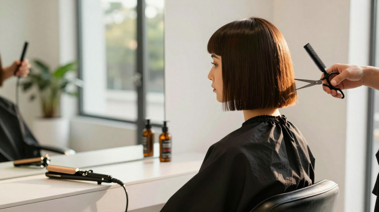 Mulher com cabelo curto a ser aparado com tesoura num salão de cabeleireiro moderno.