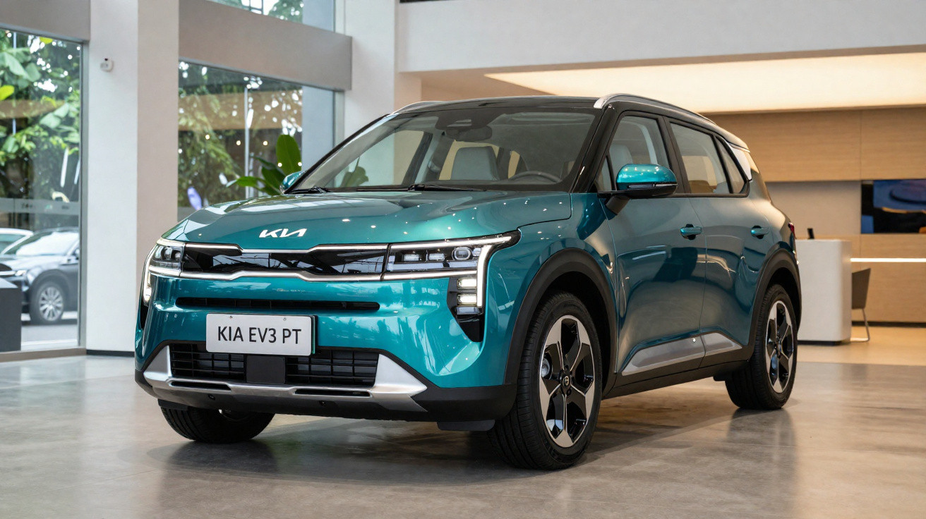 Carro elétrico Kia EV3 PT azul exibido numa sala de exposição moderna.