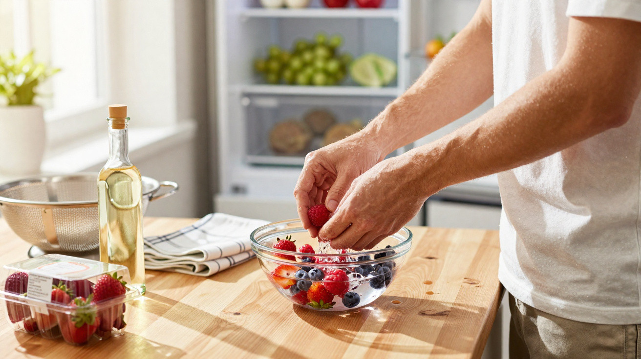 Pessoa a preparar taça com frutos vermelhos na cozinha com frigorífico ao fundo.