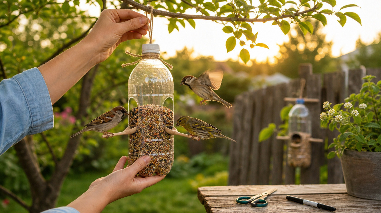 Pessoa a segurar comedouro de pássaros feito com garrafa plástica, alimentando três pássaros num jardim ao pôr do sol.