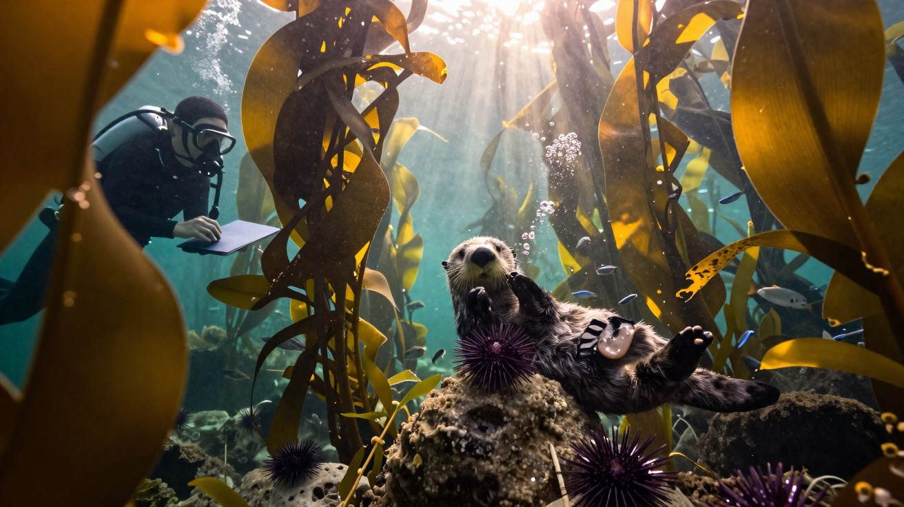 Lontra marinha deitada em rocha entre algas e ouriços-do-mar, com mergulhador a observar e anotar no fundo do mar.