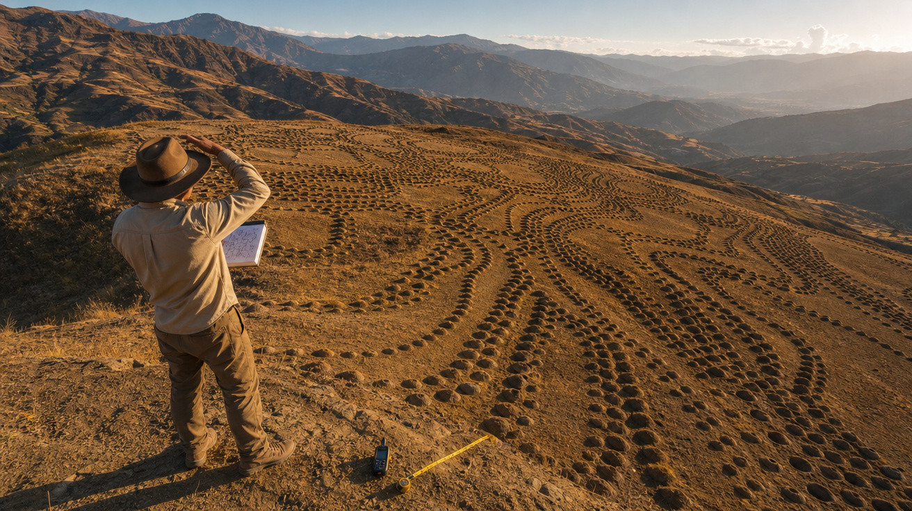 Homem observa e estuda geoglifos arqueológicos desenhados no solo árido de montanha ao pôr do sol.