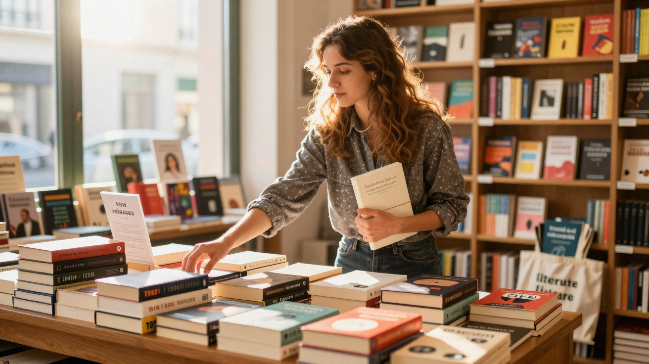Mulher a folhear livros numa biblioteca com estantes e mesa repleta de livros.