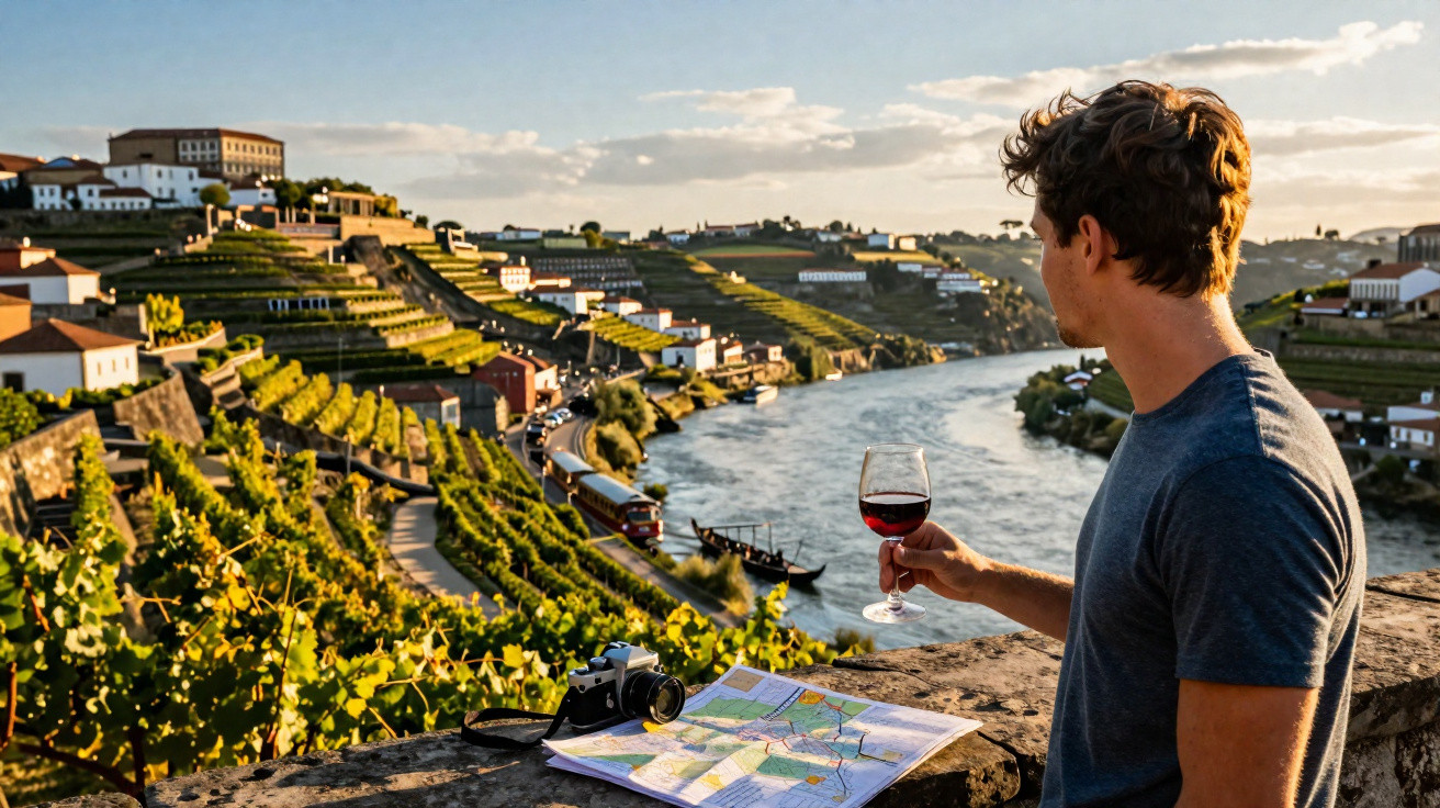 Homem de costas segurando copo de vinho tinto, com mapa e câmara, vista para vinhas e rio ao pôr do sol.
