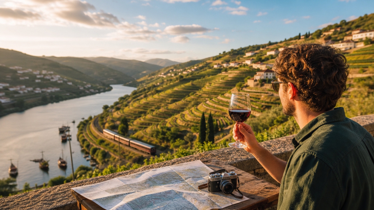 Homem com copo de vinho observa vinhas em socalcos e rio ao pôr do sol, com mapa e câmara na mesa.