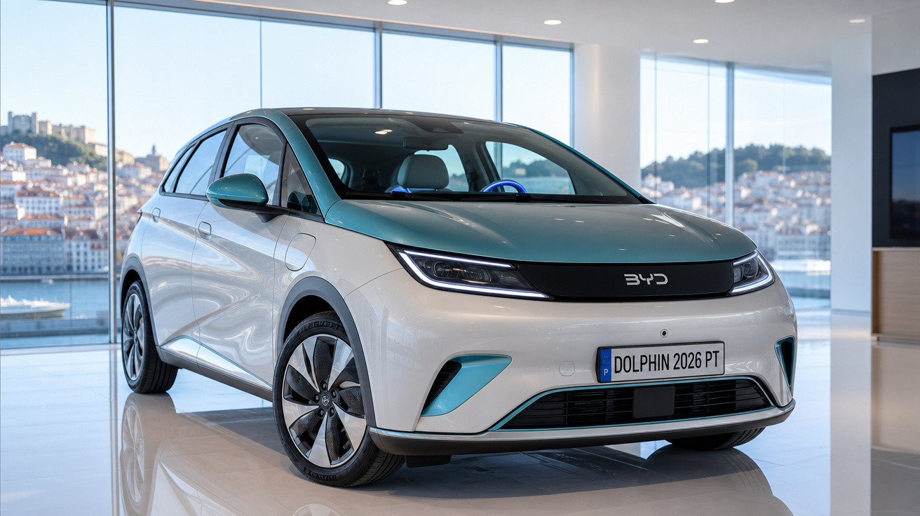 Carro elétrico BYD Dolphin 2026 branco com detalhes azul num showroom com vista para cidade e rio.
