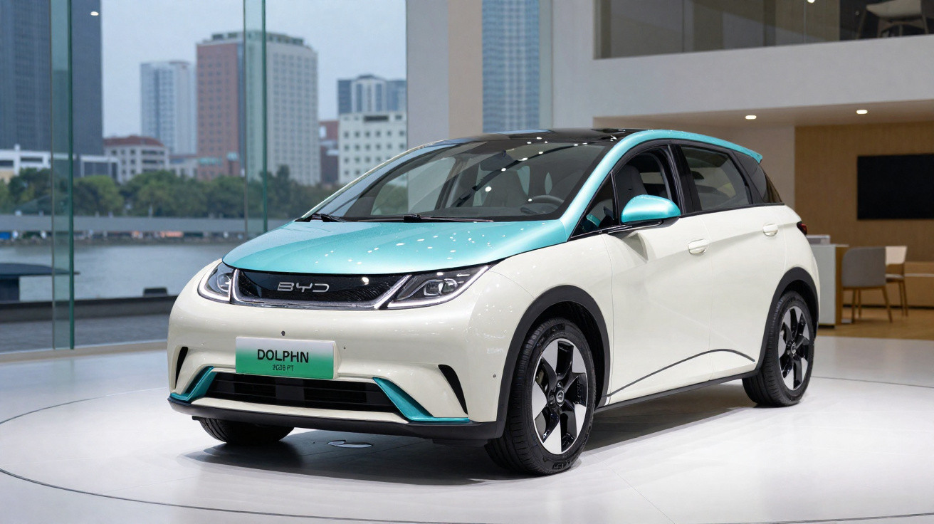 Carro elétrico BYD Dolphin branco e azul, exposto em salão com edifícios ao fundo.