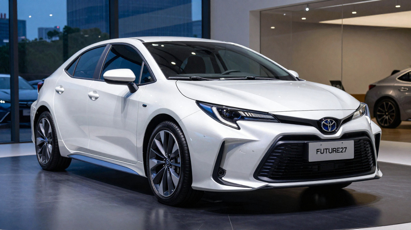 Carro branco Toyota sedan moderno estacionado em showroom com iluminação ambiente interna.
