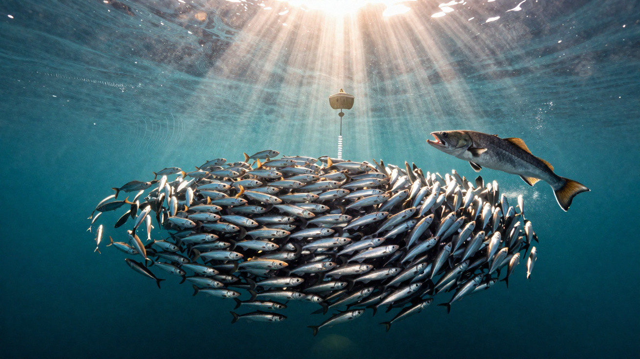 Cardume de peixes pequenos agrupados com um peixe maior a aproximar-se, em águas claras iluminadas pelo sol.