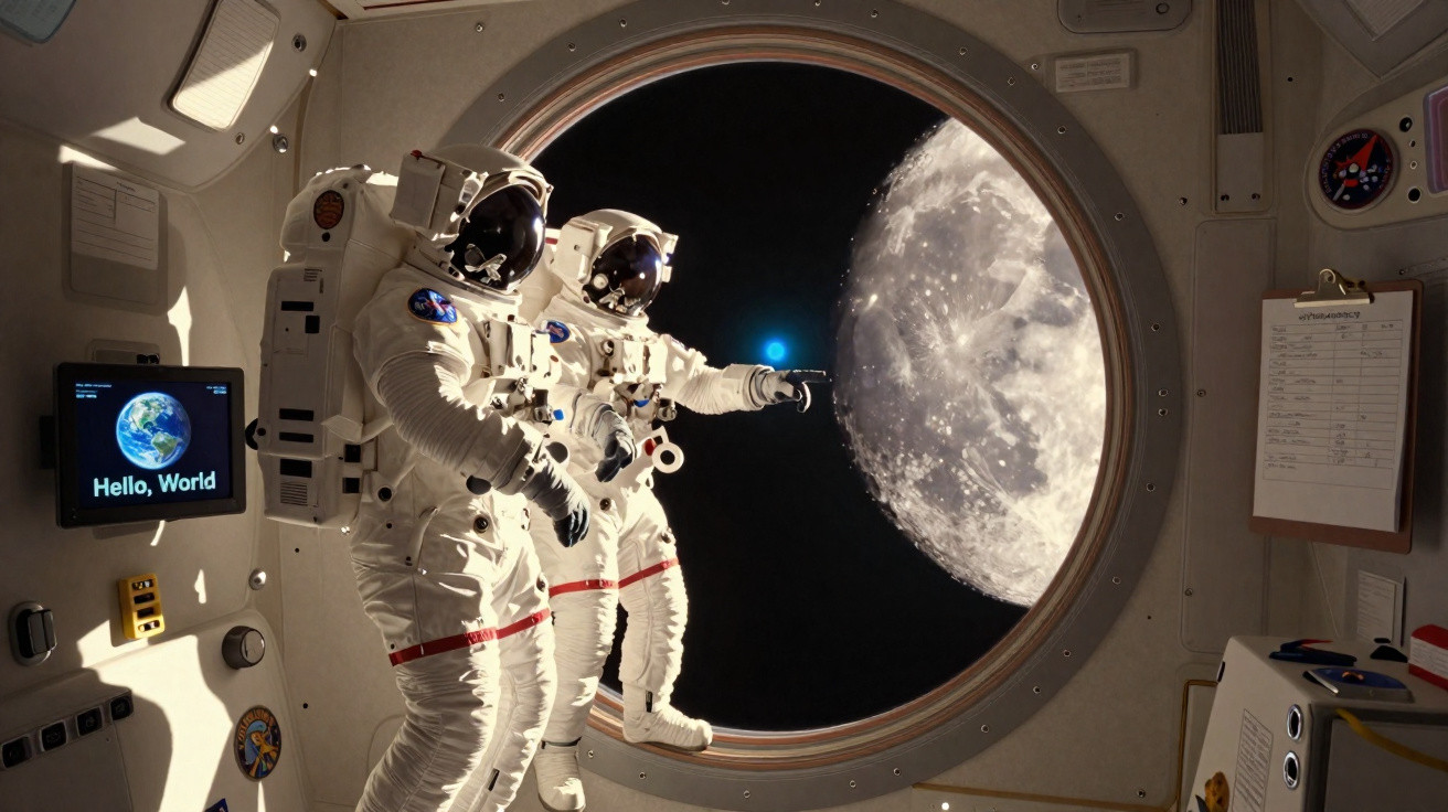 Dois astronautas dentro de uma nave espacial observam a Lua através de uma janela redonda.