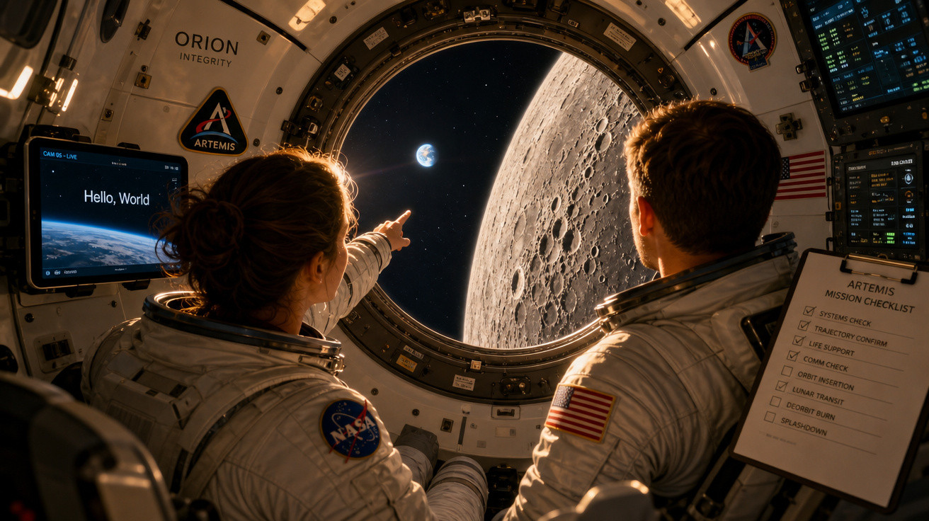 Dois astronautas observam a Terra e a Lua através da janela da nave espacial Orion durante a missão Artemis.