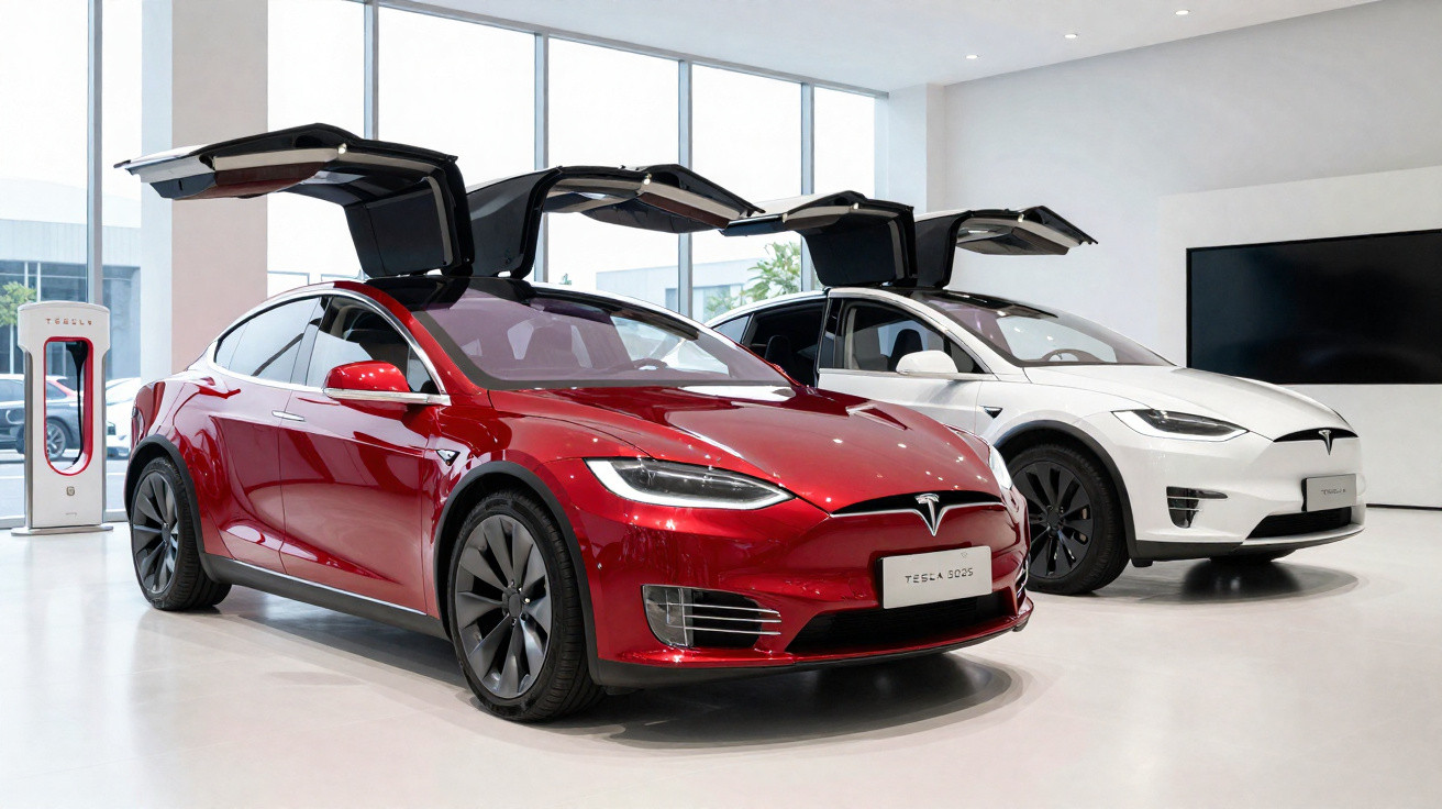 Dois carros Tesla Model X, um vermelho e um branco, com portas traseiras abertas em show room moderno.