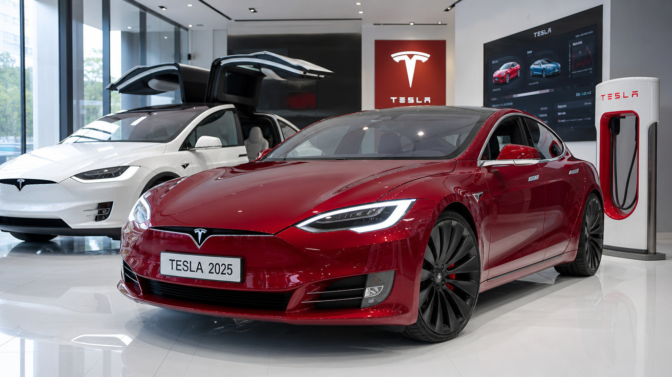 Carro elétrico Tesla vermelho 2025 em showroom, com Tesla branco ao fundo e estação de carregamento.