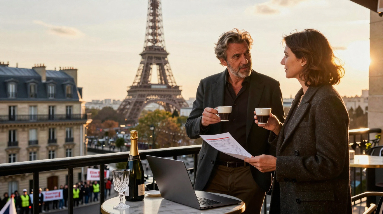 Casal a beber café e trabalhar num terraço com vista para a Torre Eiffel ao pôr do sol em Paris.