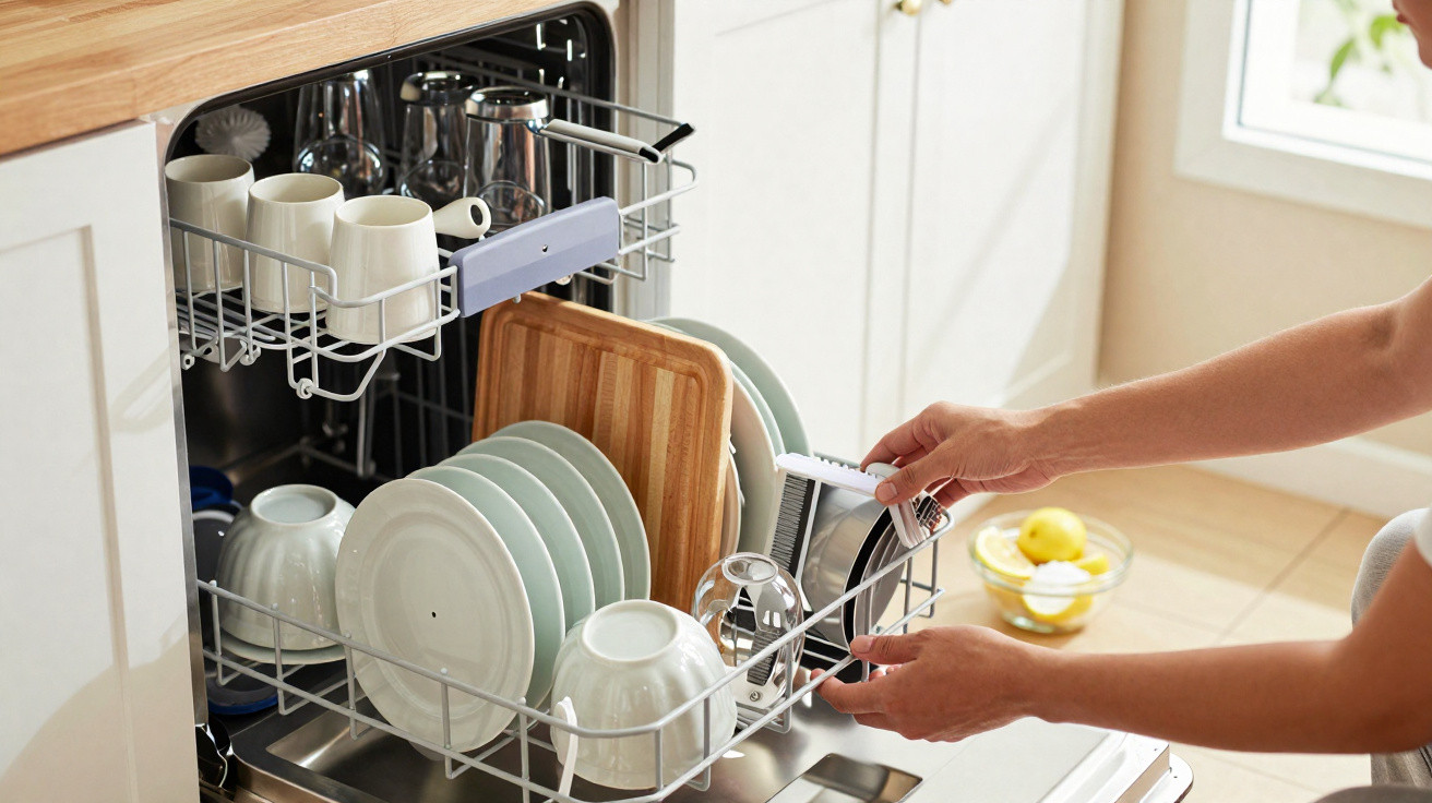 Mãos a colocar pratos e copos numa máquina de lavar loiça aberta numa cozinha iluminada.