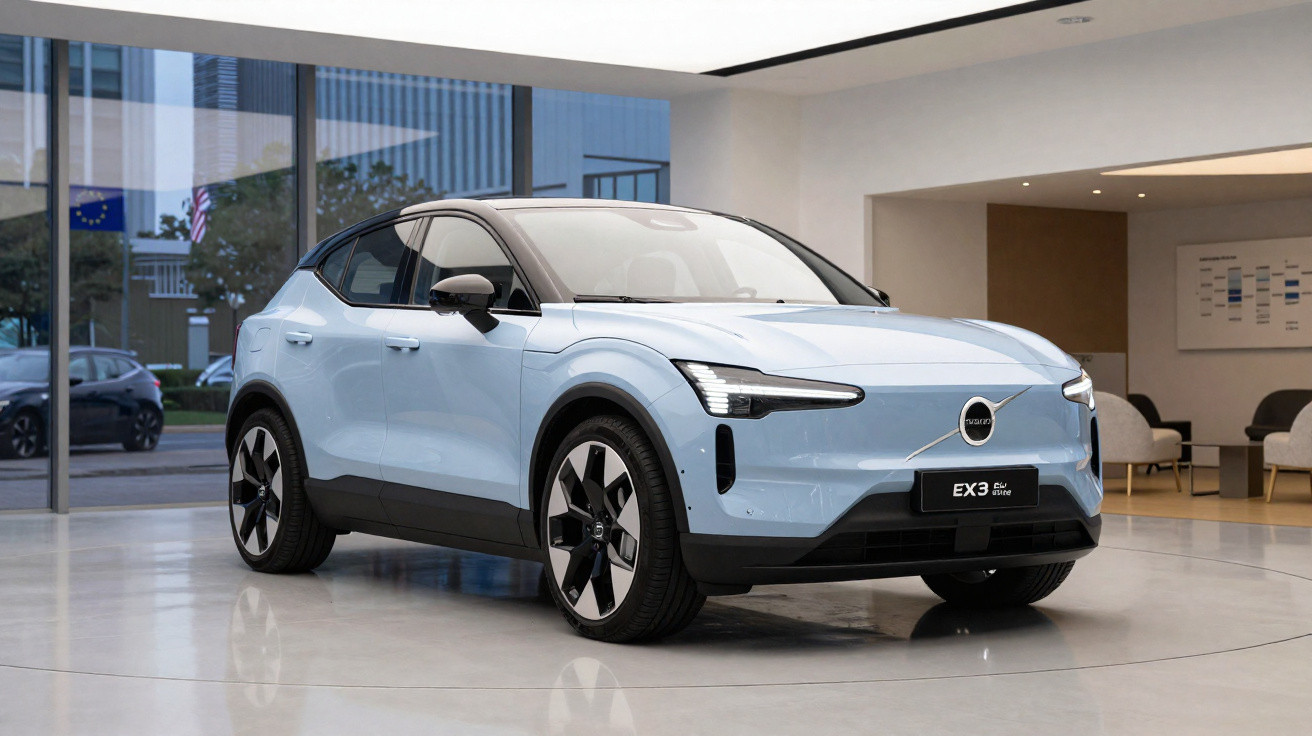 SUV elétrico Volvo EX30 azul claro numa garagem moderna com chão polido e janelas grandes de vidro.