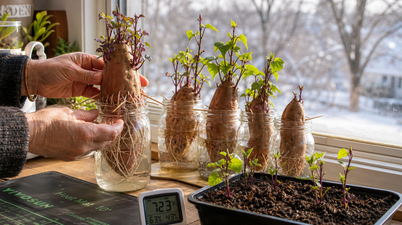 Mãos a propagar batatas doces em frascos com raízes e rebentos junto a uma janela num ambiente interior.