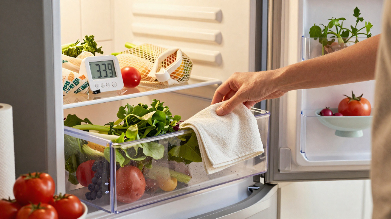 Mão a limpar hortaliças frescas numa gaveta do frigorífico com toalha branca, vegetais e termómetro visíveis.