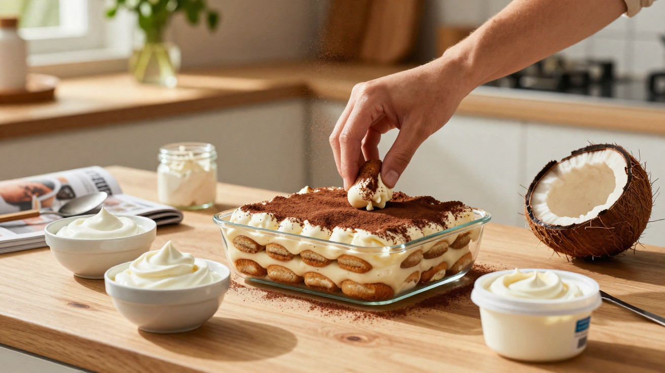 Mão a decorar tiramisù com biscoito, sobre mesa de madeira, com tigelas de creme e coco aberto ao lado.