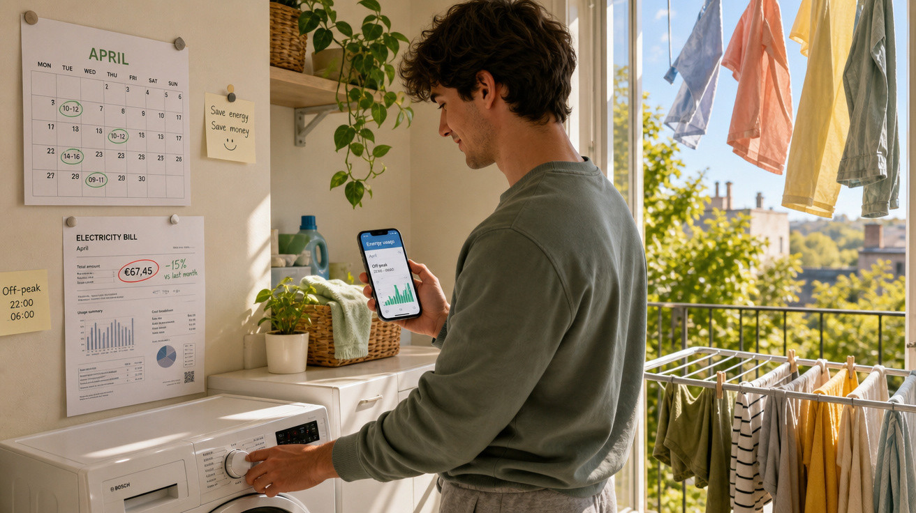Homem a usar telemóvel para controlar consumo energético enquanto opera máquina de lavar roupa numa varanda.