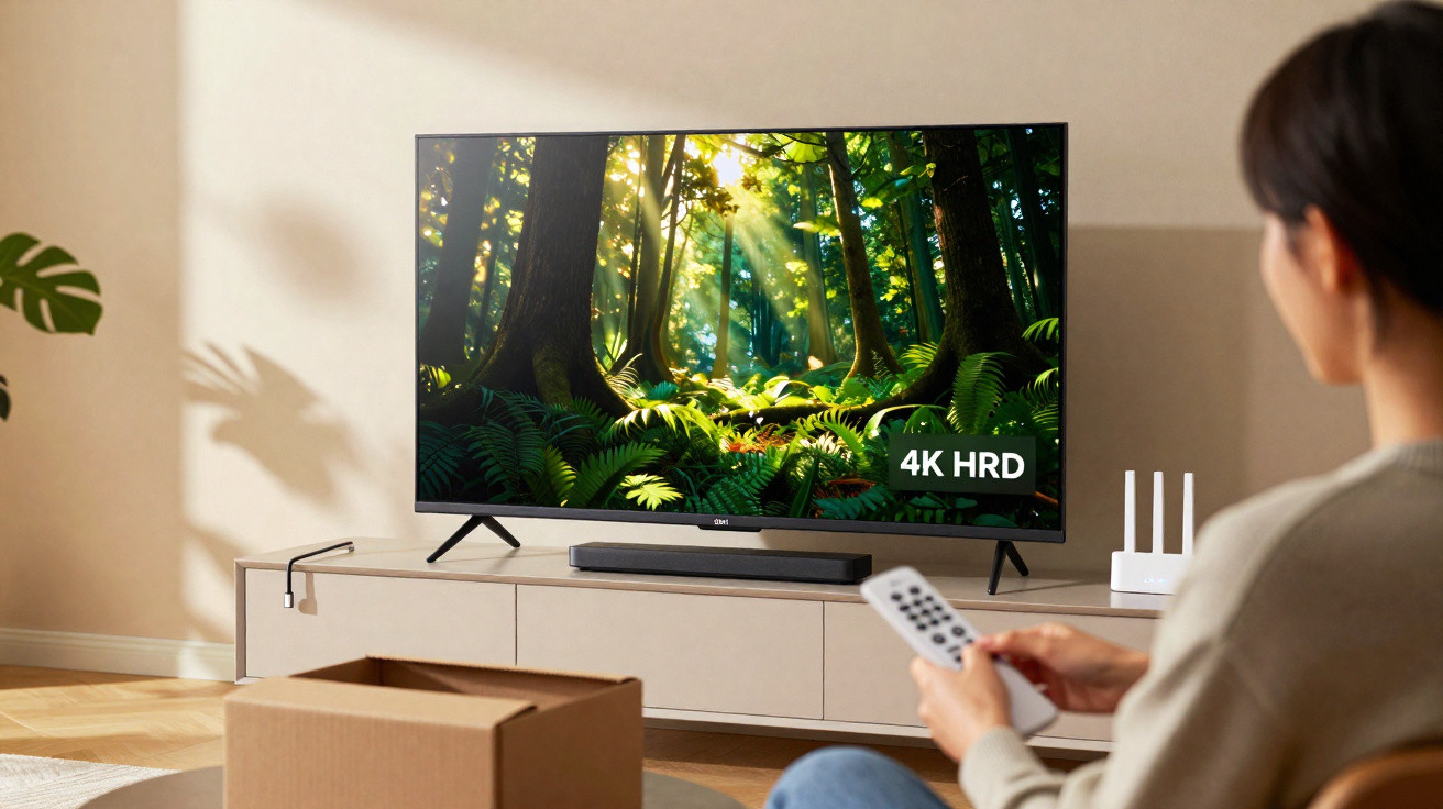 Pessoa sentada com comando na mão a ver televisão 4K HDR com imagem de floresta iluminada por raios de sol.