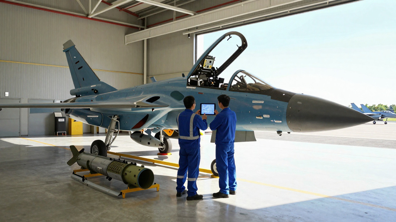Dois técnicos em fato azul junto a um caça militar cinzento numa garagem aberta com mísseis no chão.