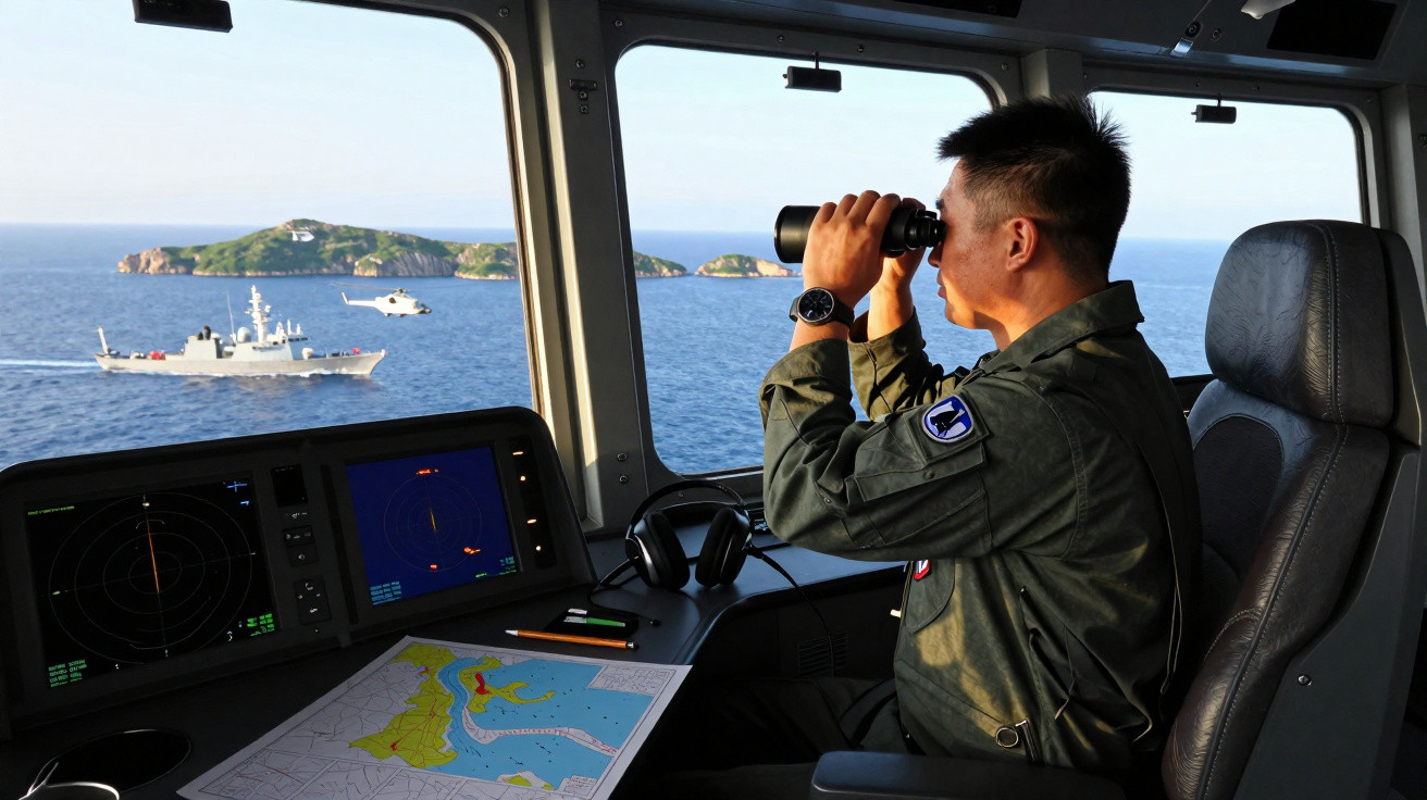 Homem militar observa com binóculos o mar a partir do interior de um navio, com radar e mapas à frente.