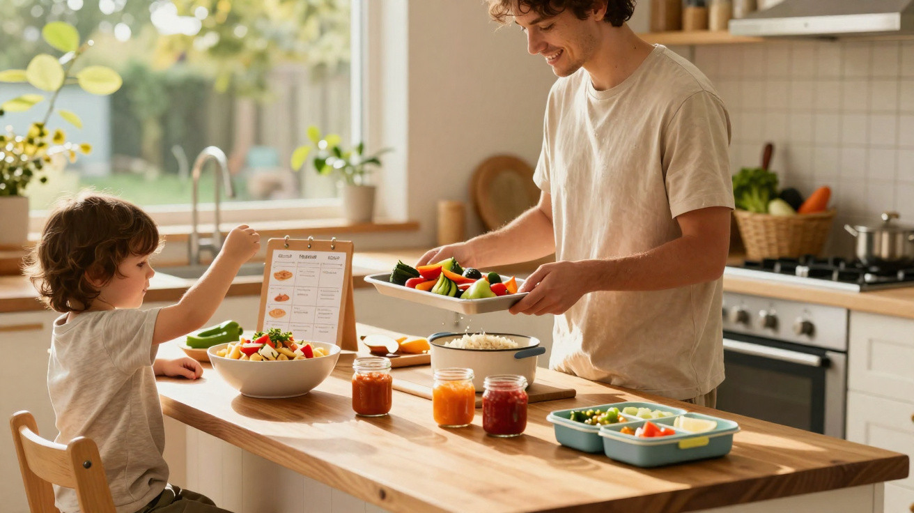 Pai e filho a preparar juntos vegetais e refeições saudáveis na cozinha, com luz natural.