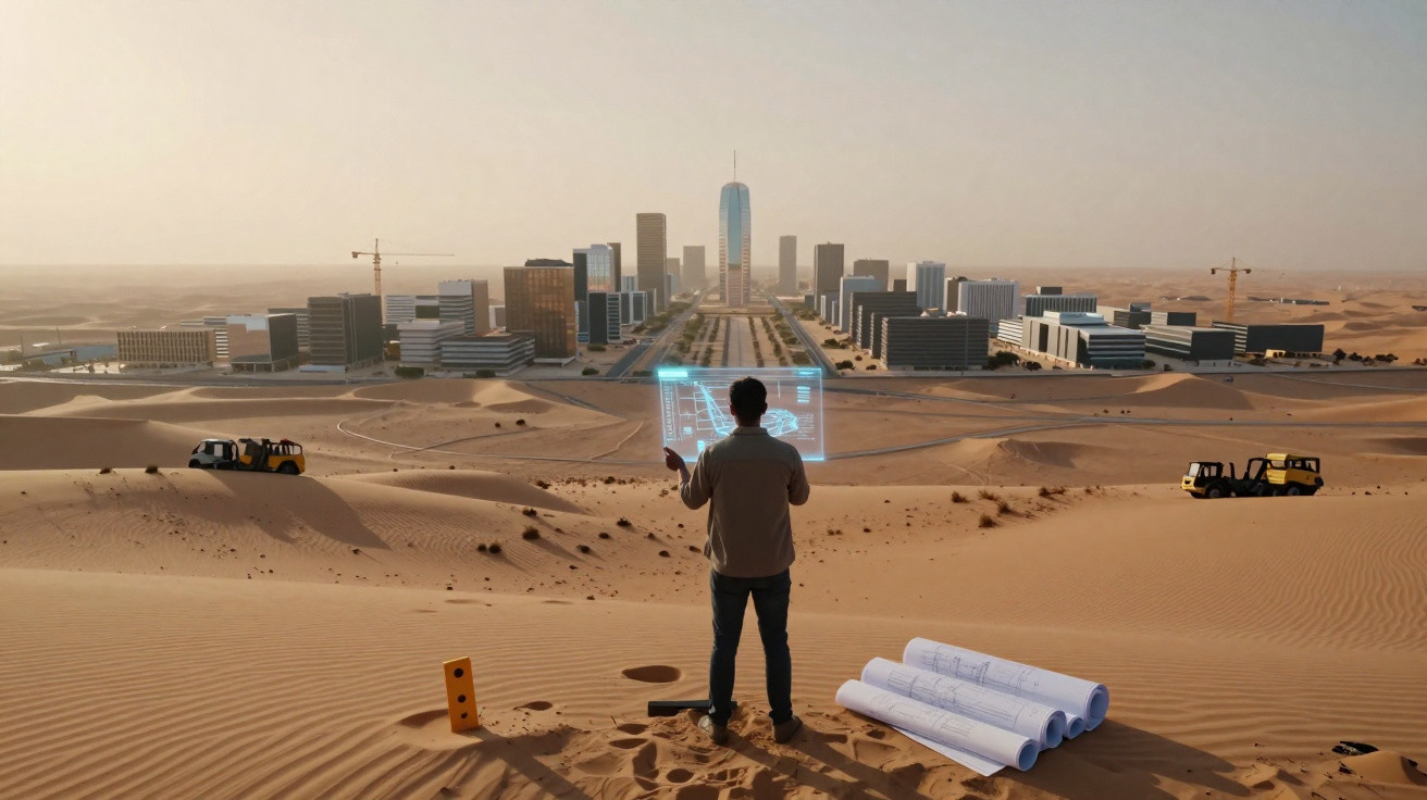 Pessoa observa cidade futurista em construção no deserto, com plantas arquitetónicas e veículos ao redor.