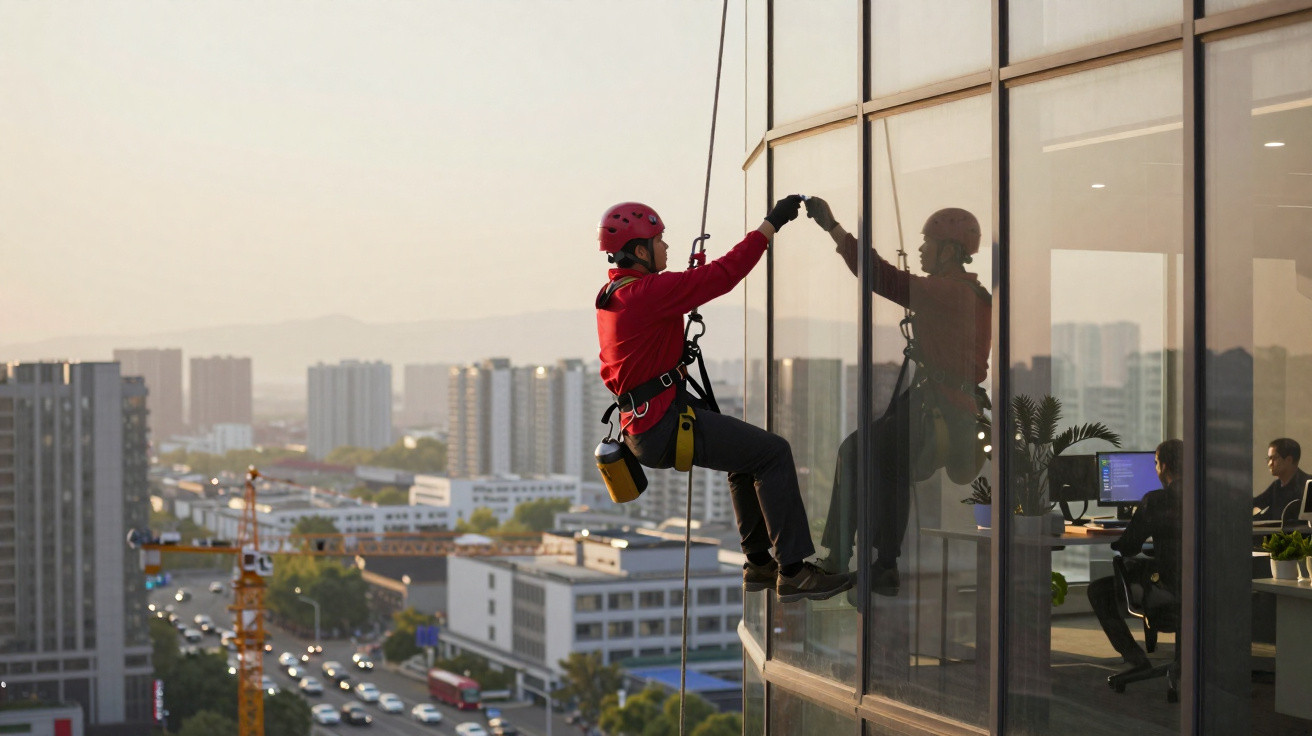 Homem com equipamento de segurança limpa janelas na fachada de um edifício alto ao pôr do sol.