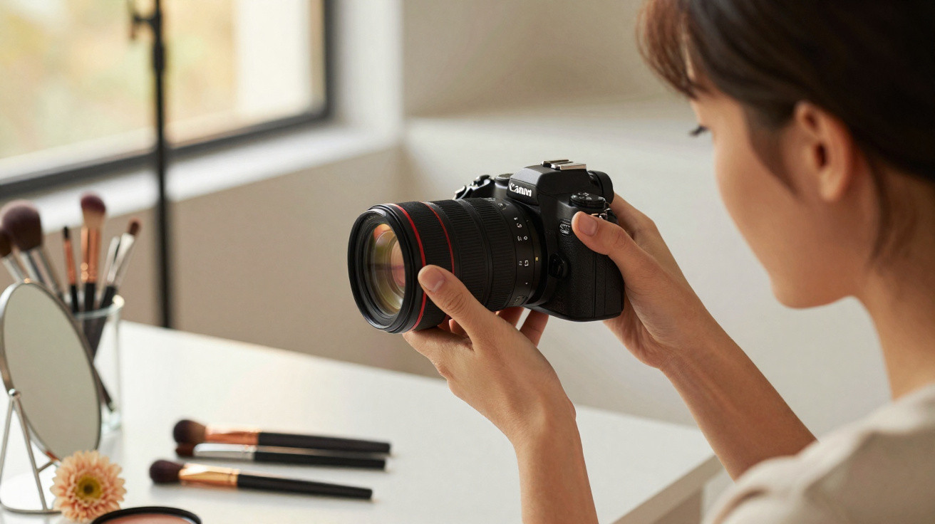 Pessoa a segurar uma câmara fotográfica profissional Canon junto a uma mesa com pincéis de maquilhagem e espelho.