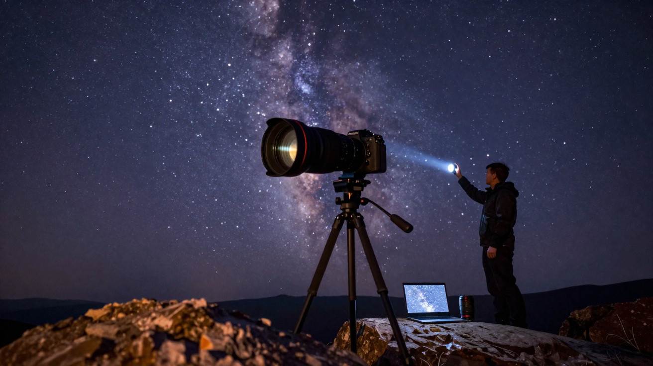 Pessoa com lanterna à noite perto de câmera fotográfica em tripé com céu estrelado e Via Láctea ao fundo.