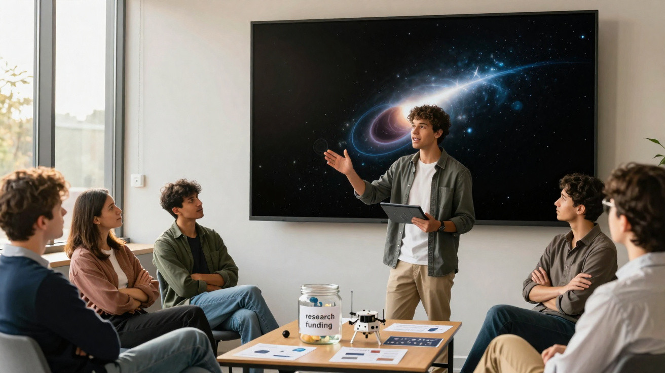 Jovem apresenta projeto sobre espaço a grupo sentado, com jarro de financiamento de pesquisa na mesa, dentro de sala.