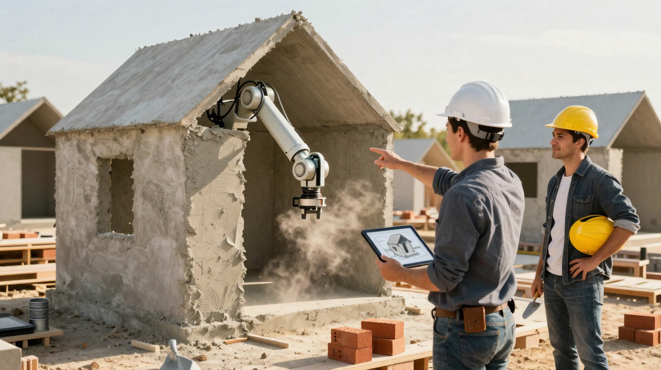 Robô constrói casa em obra enquanto dois engenheiros supervisionam com capacetes e tablet.