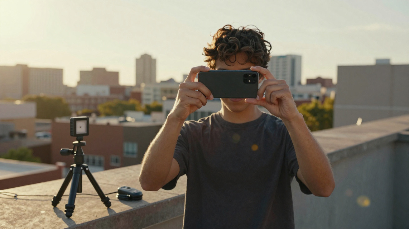 Jovem a tirar foto com telemóvel numa cobertura, com câmara de ação em tripé ao lado.
